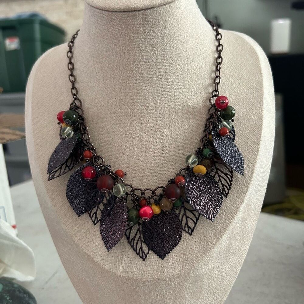 Vintage Leaf Bib Statement Necklace Clustered Glass Beads Textured And Openwork
